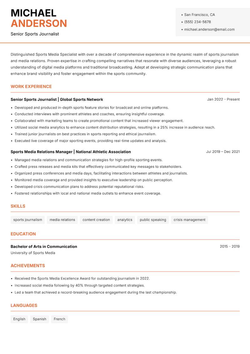 Sports Media Specialist resume sample — Senior Sports Journalist focus