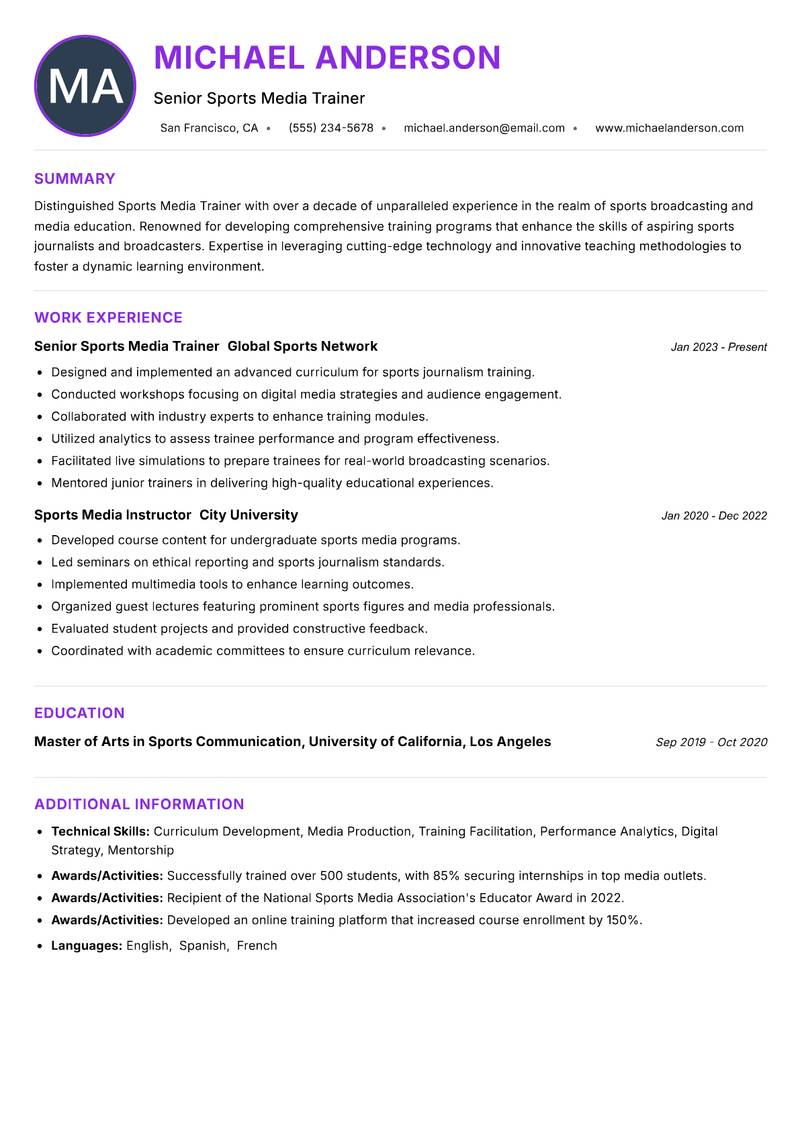 Sports Media Trainer resume example