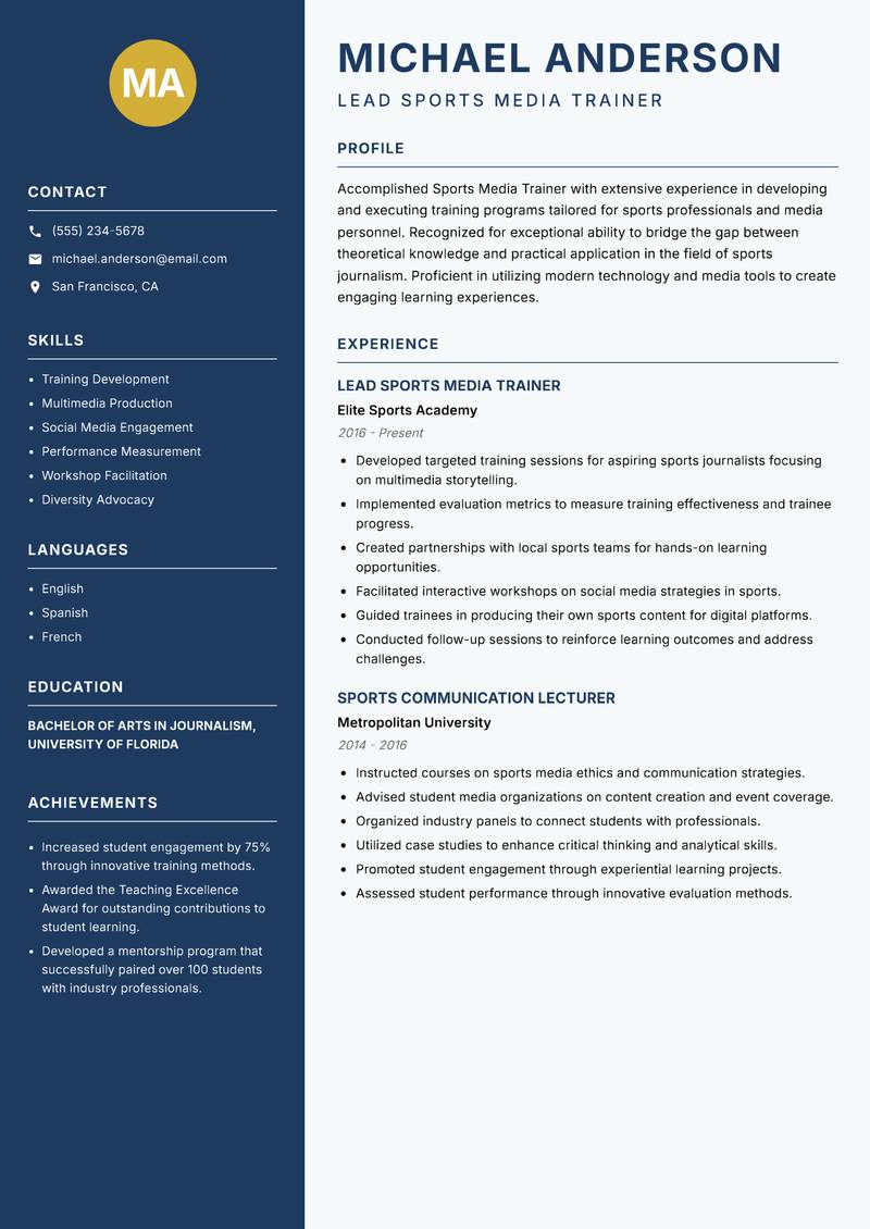 Sports Media Trainer resume sample — Lead Sports Media Trainer focus
