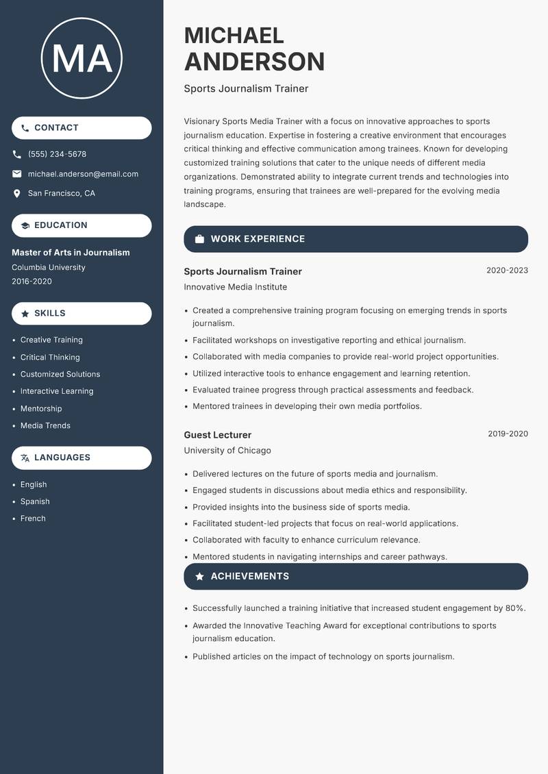 Sports Media Trainer resume sample — Sports Journalism Trainer focus