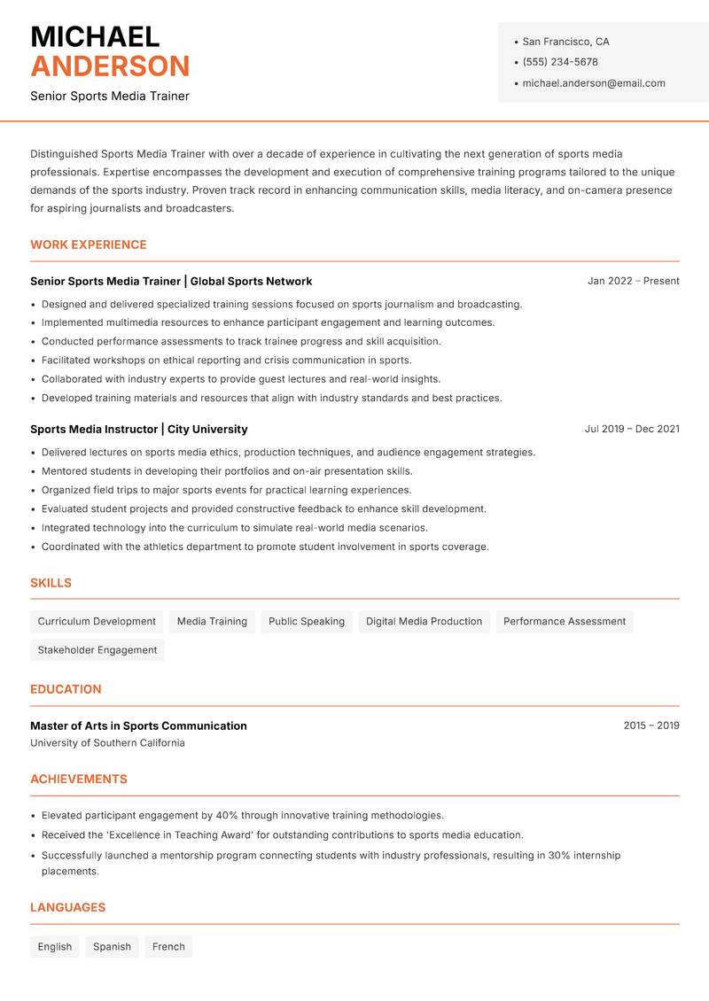 Sports Media Trainer resume sample — Senior Sports Media Trainer focus