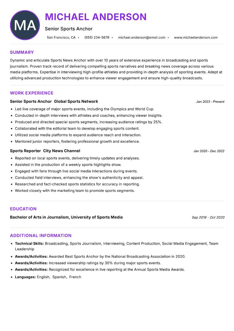 Sports News Anchor resume example