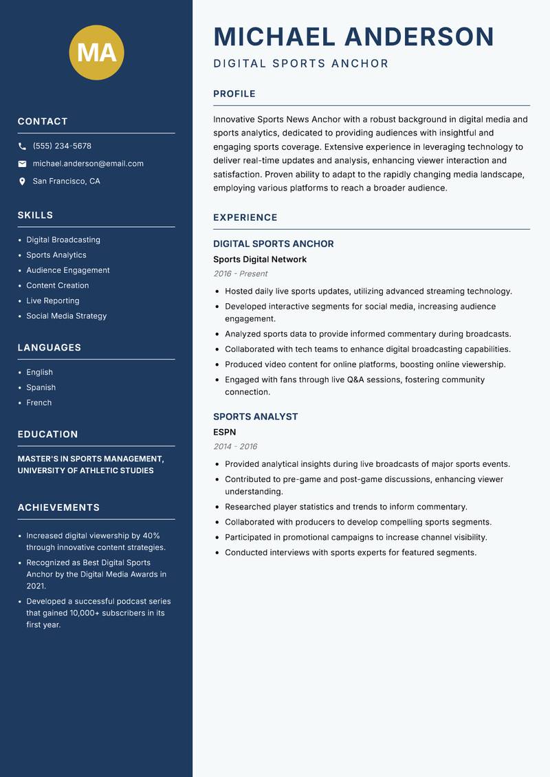 Sports News Anchor resume sample — Digital Sports Anchor focus