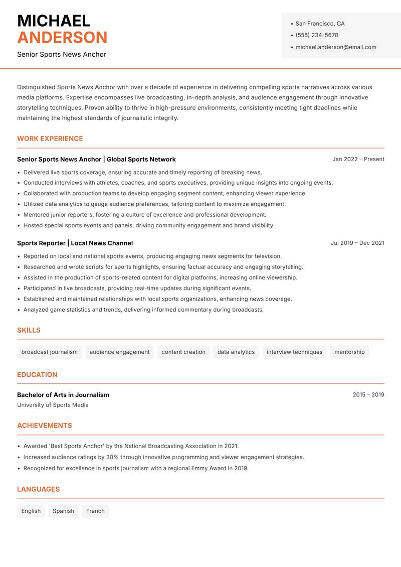 Sports News Anchor resume sample — Senior Sports News Anchor focus