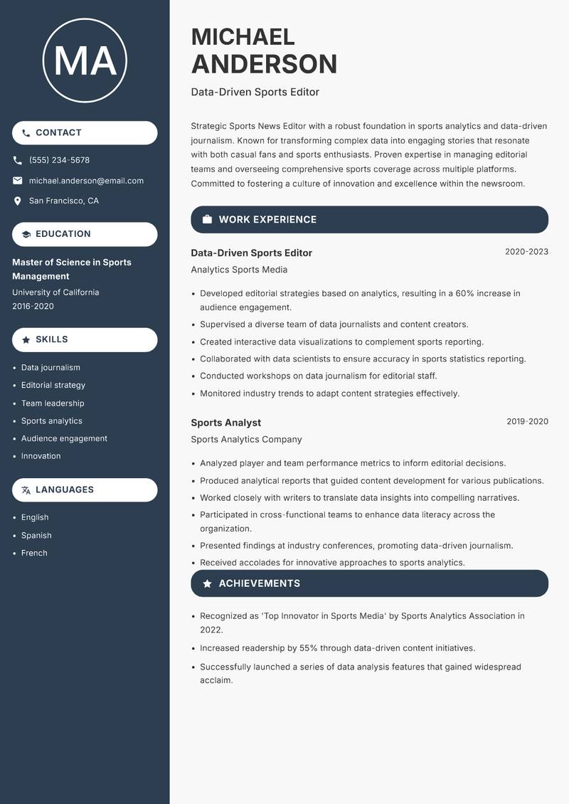 Sports News Editor resume sample — Data-Driven Sports Editor focus