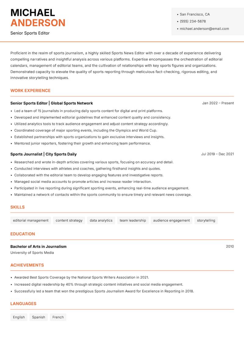 Sports News Editor resume sample — Senior Sports Editor focus