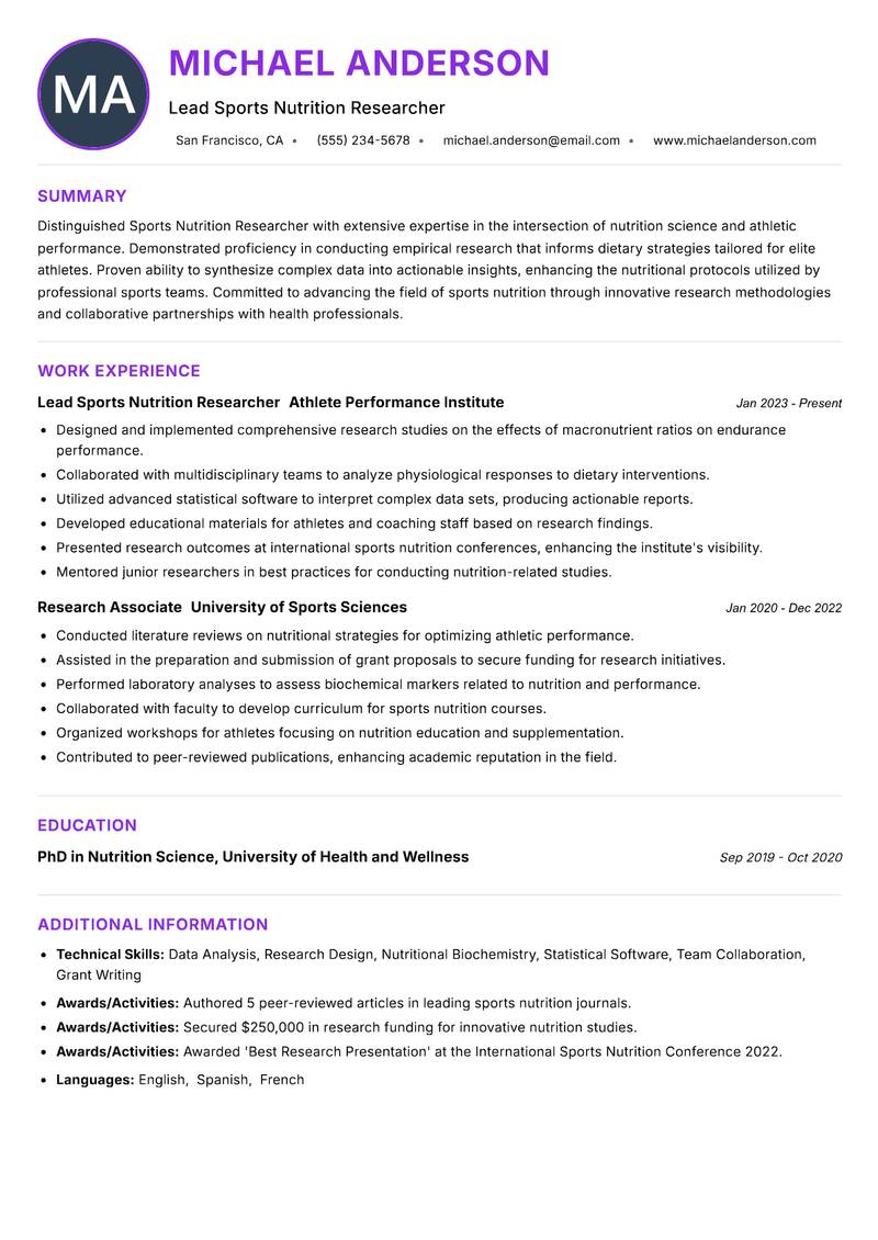 Sports Nutrition Researcher resume example