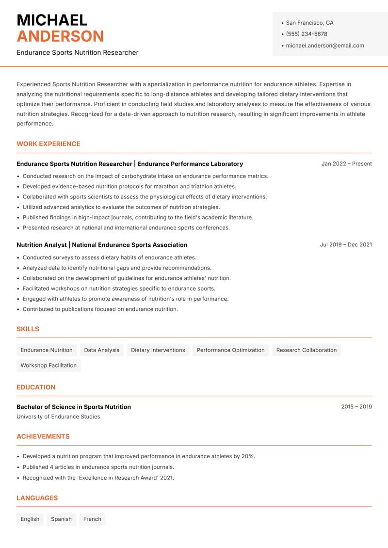 Sports Nutrition Researcher resume sample — Endurance Sports Nutrition Researcher focus