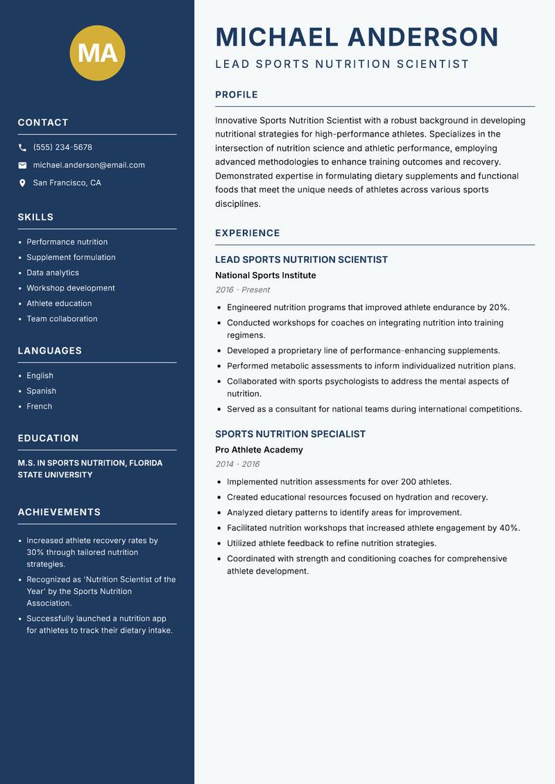 Sports Nutrition Scientist resume sample — Lead Sports Nutrition Scientist focus