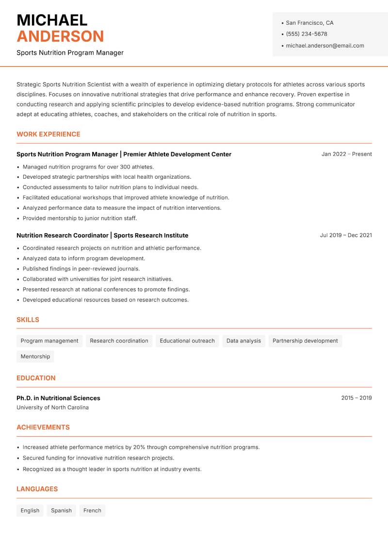 Sports Nutrition Scientist resume sample — Sports Nutrition Program Manager focus