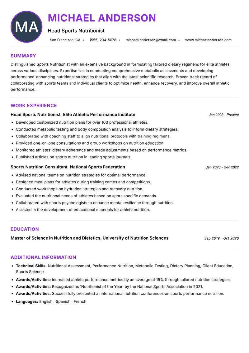 Sports Nutritionist resume example