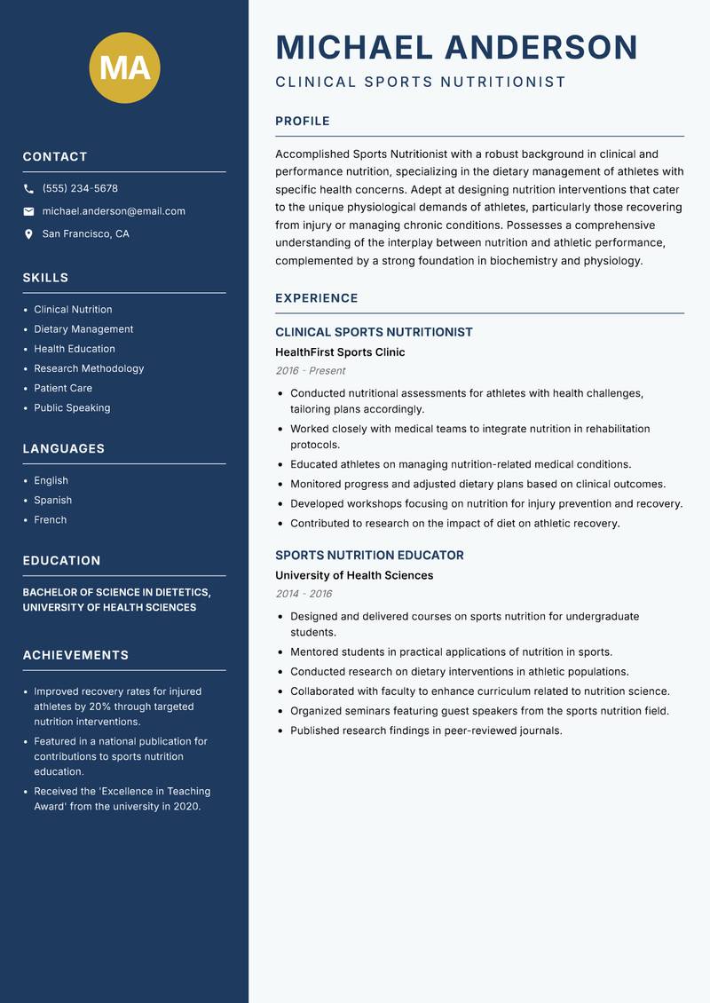 Sports Nutritionist resume sample — Clinical Sports Nutritionist focus