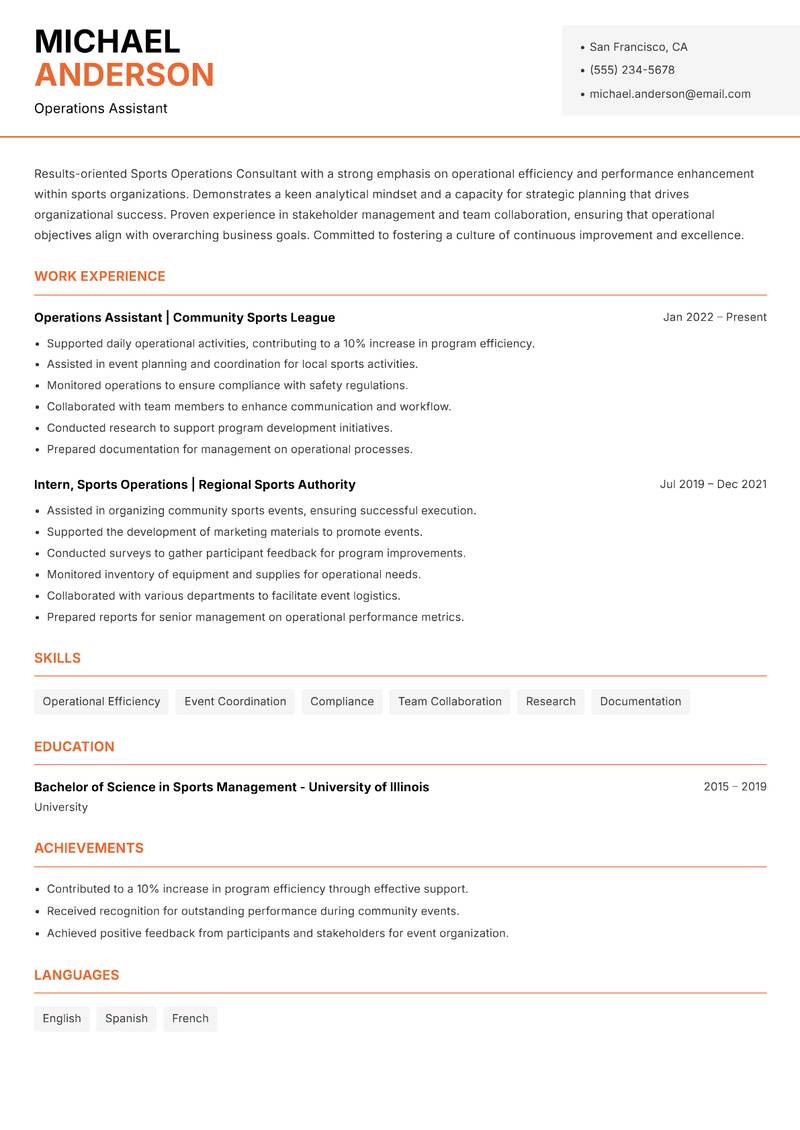 Sports Operations Consultant resume sample — Operations Assistant focus