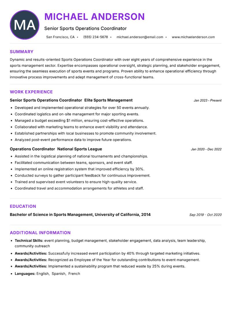 Sports Operations Coordinator resume example