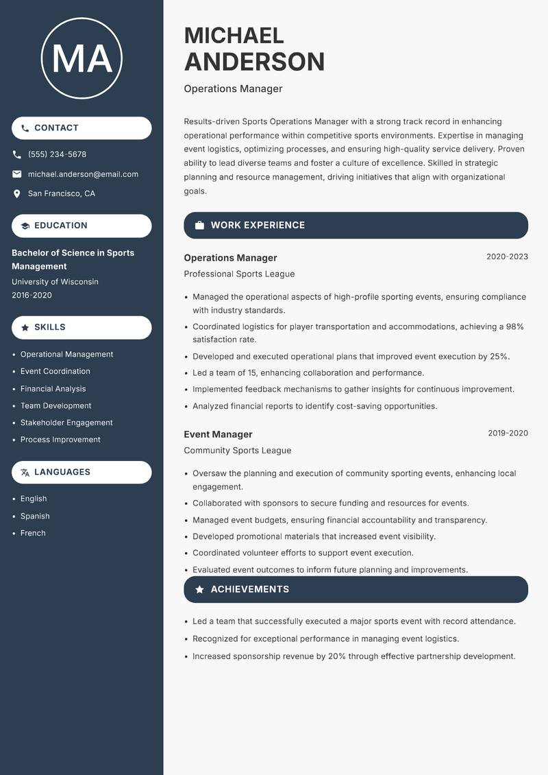Sports Operations Manager resume sample — Operations Manager focus