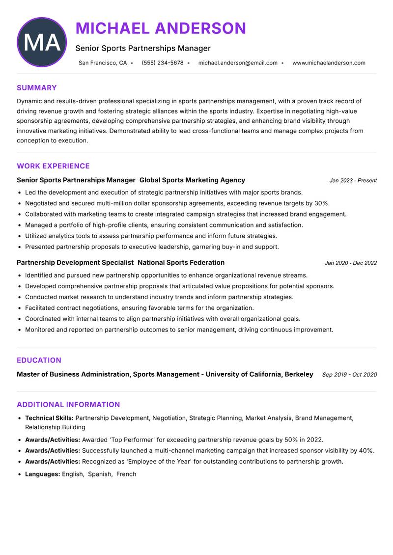 Sports Partnerships Manager resume example