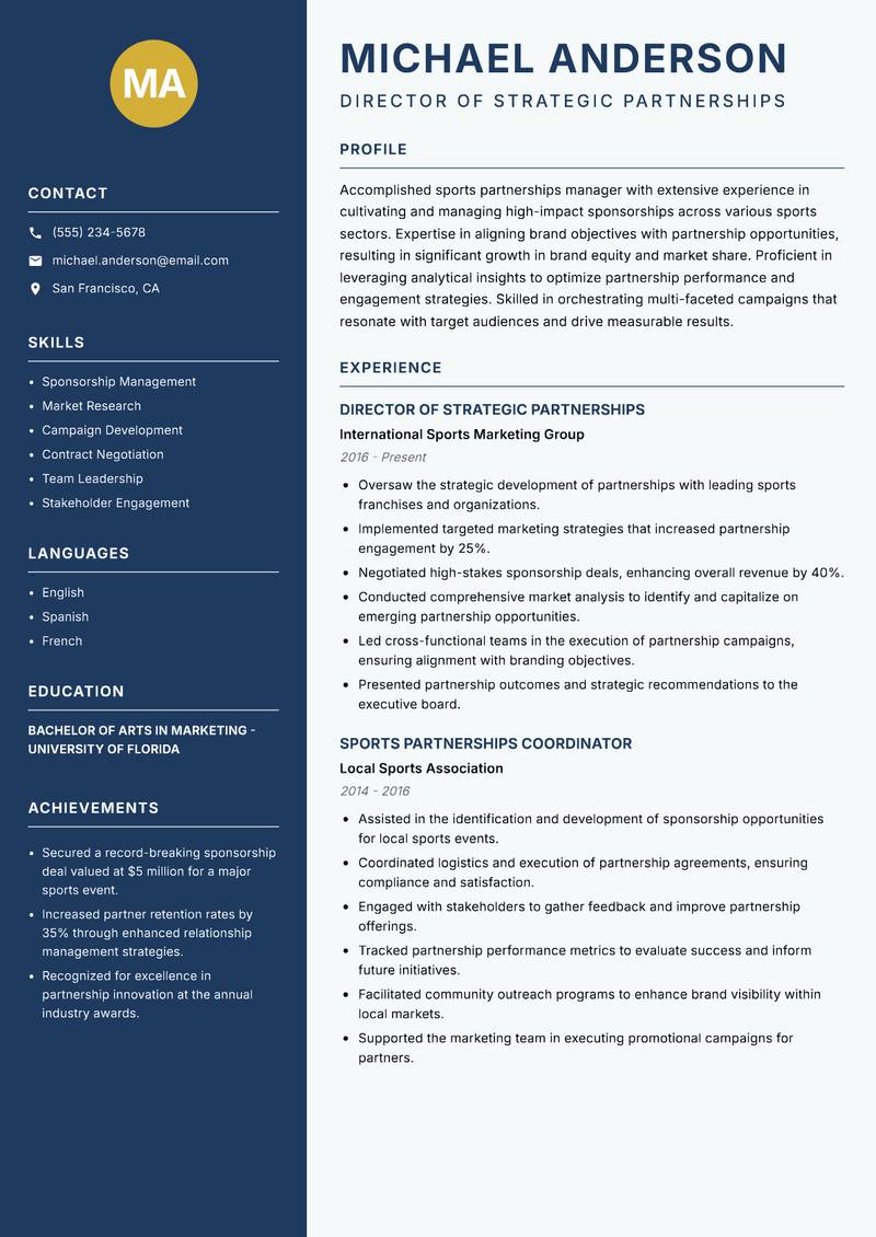 Sports Partnerships Manager resume sample — Director of Strategic Partnerships focus