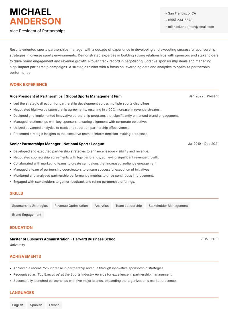 Sports Partnerships Manager resume sample — Vice President of Partnerships focus