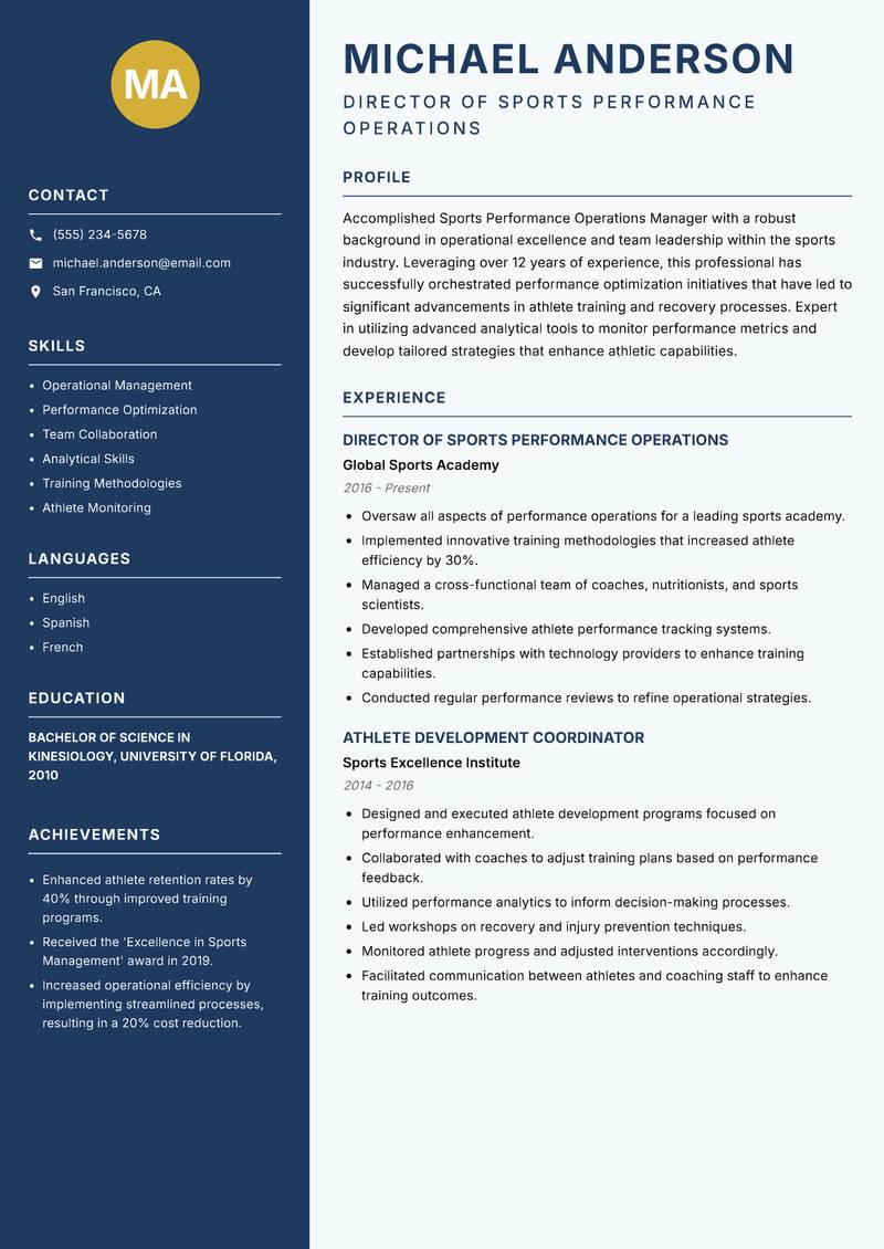 Sports Performance Operations Manager resume sample — Director of Sports Performance Operations focus