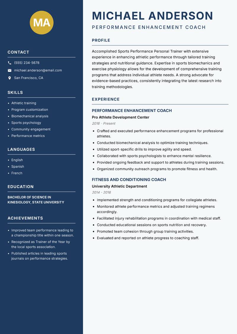 Sports Performance Personal Trainer resume sample — Performance Enhancement Coach focus