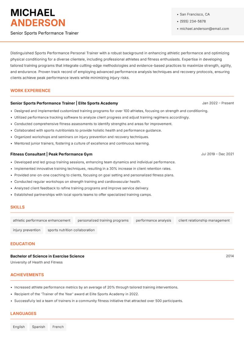 Sports Performance Personal Trainer resume sample — Senior Sports Performance Trainer focus