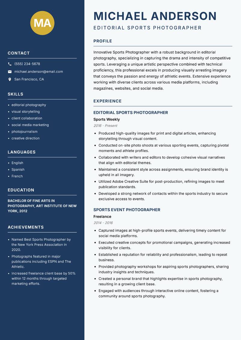 Sports Photographer resume sample — Editorial Sports Photographer focus