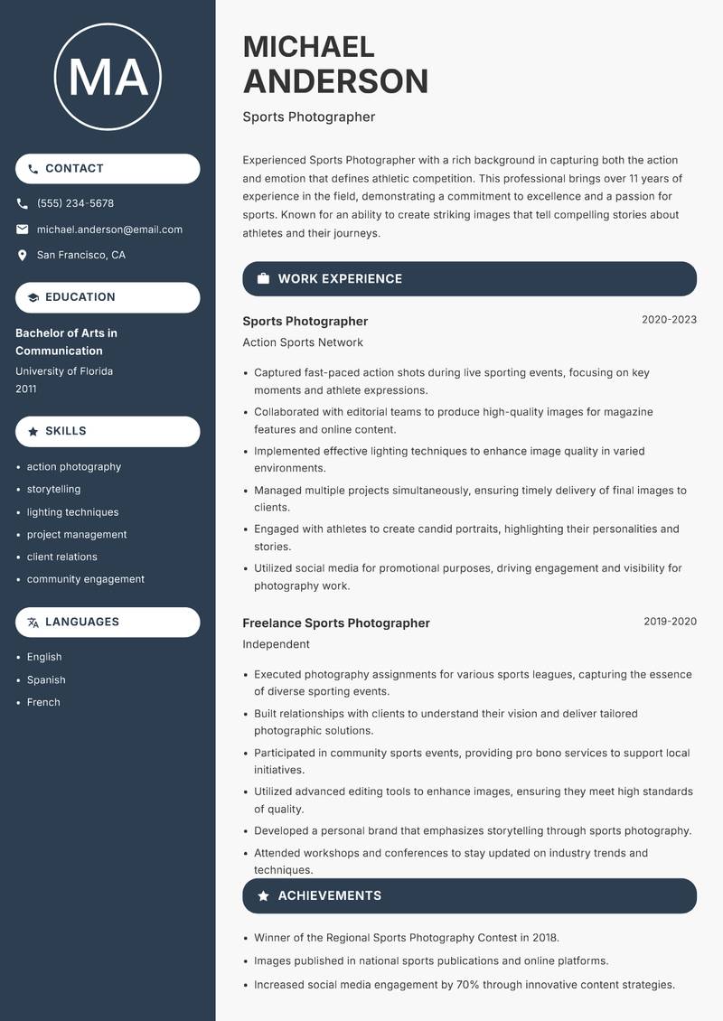Sports Photographer resume sample — Sports Photographer focus