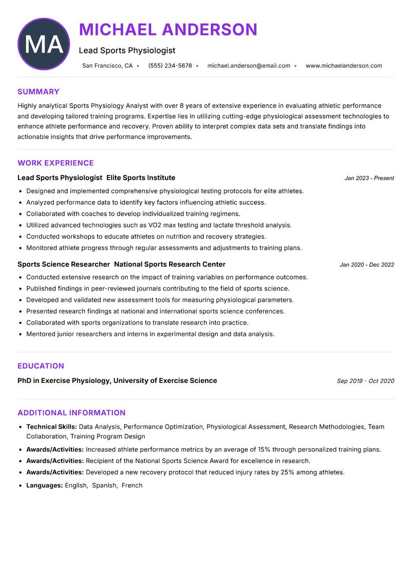 Sports Physiology Analyst resume example