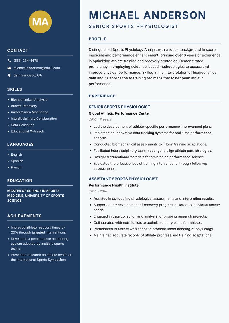 Sports Physiology Analyst resume sample — Senior Sports Physiologist focus