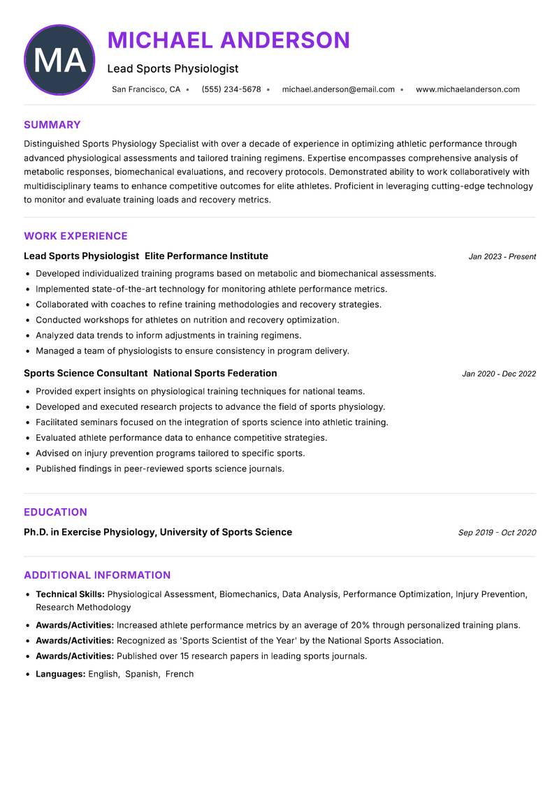 Sports Physiology Specialist resume example
