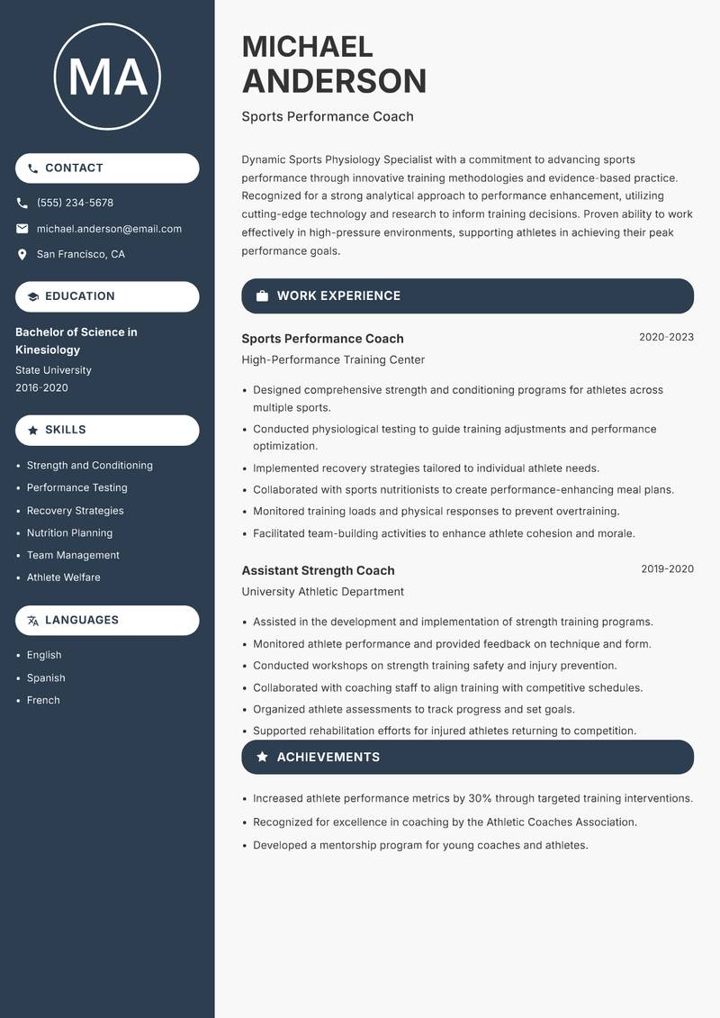 Sports Physiology Specialist resume sample — Sports Performance Coach focus