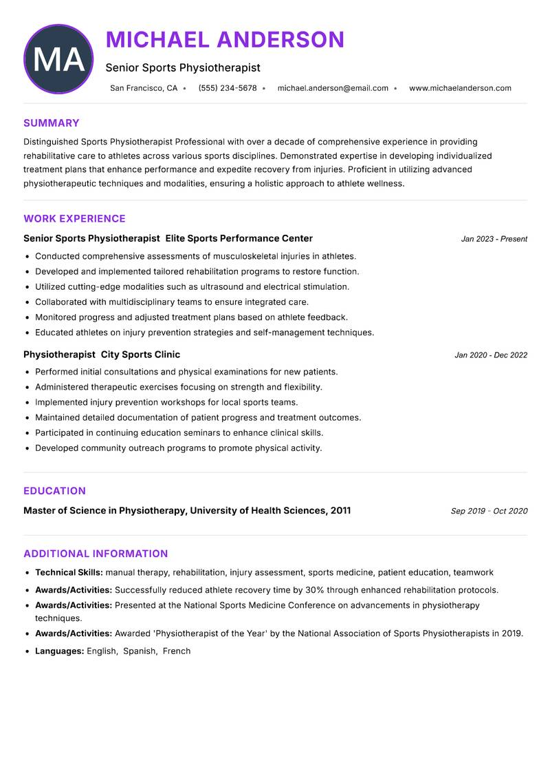 Sports Physiotherapist Professional resume example