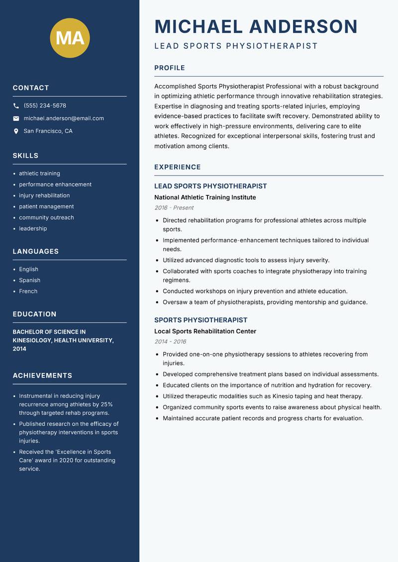 Sports Physiotherapist Professional resume sample — Lead Sports Physiotherapist focus