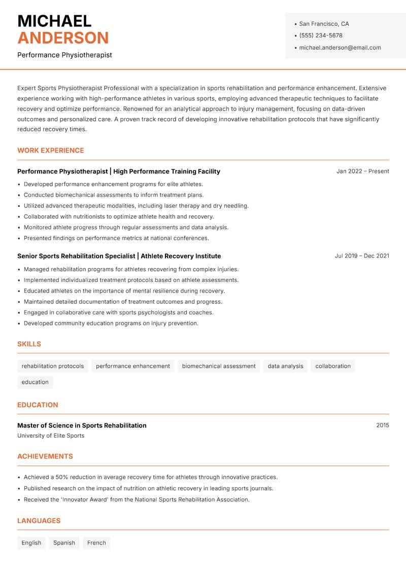 Sports Physiotherapist Professional resume sample — Performance Physiotherapist focus