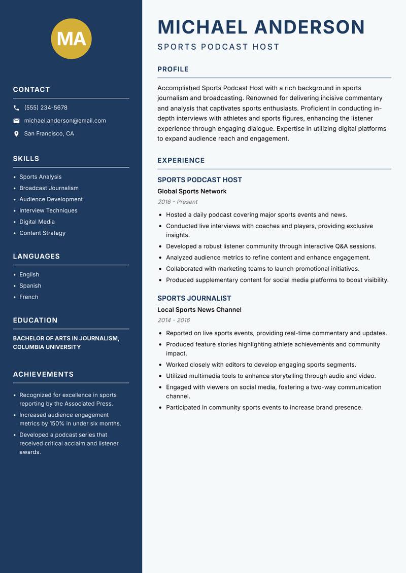 Sports Podcast Host resume sample — Sports Podcast Host focus