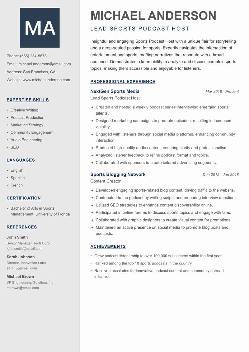 Sports Podcast Host resume sample — Lead Sports Podcast Host focus