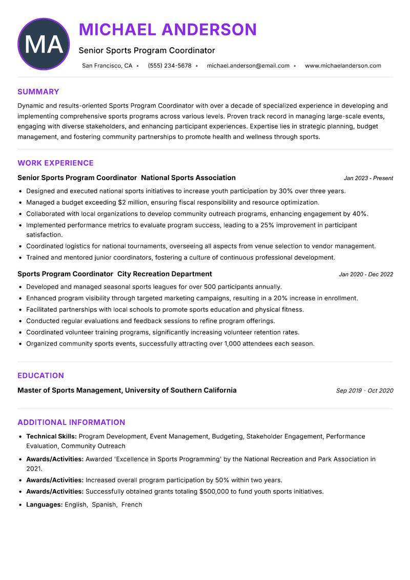 Sports Program Coordinator resume example