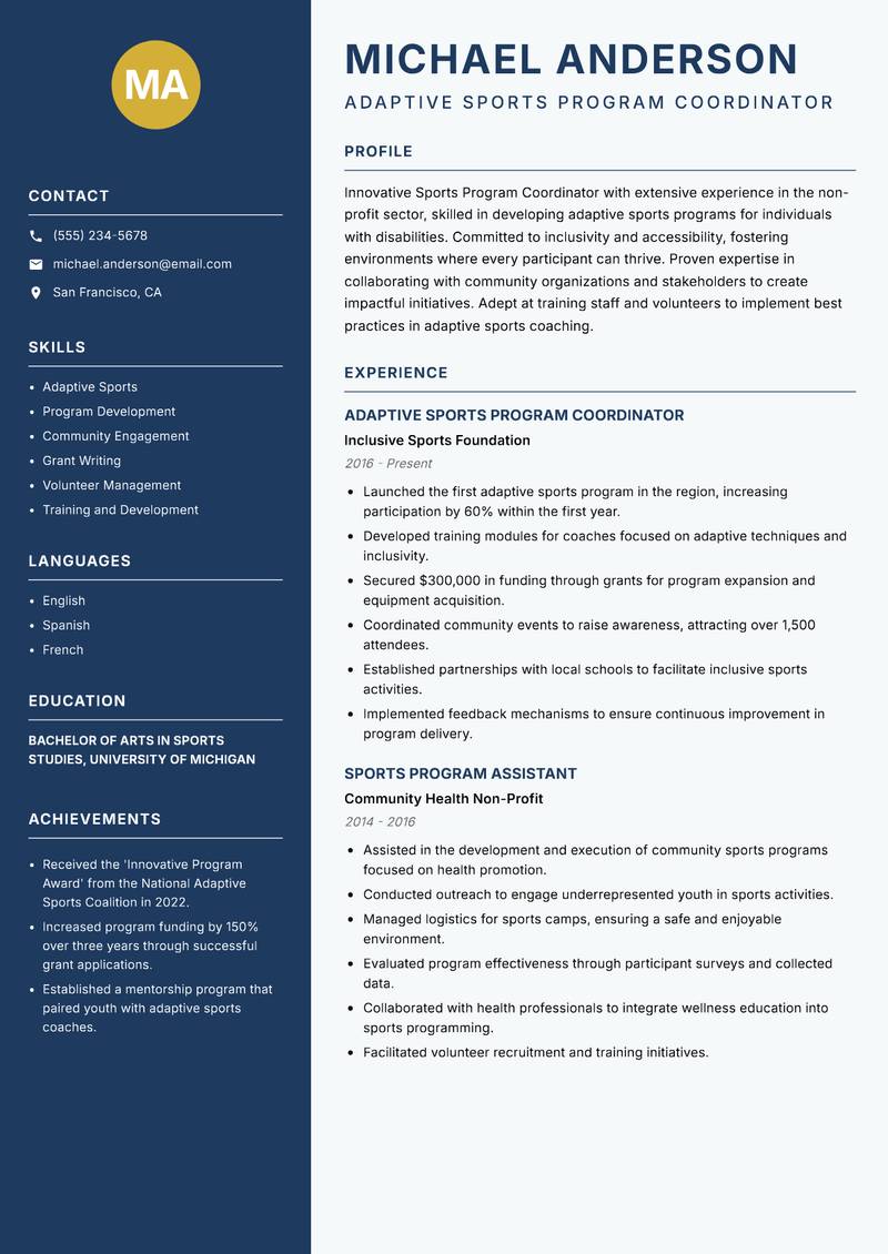 Sports Program Coordinator resume sample — Adaptive Sports Program Coordinator focus