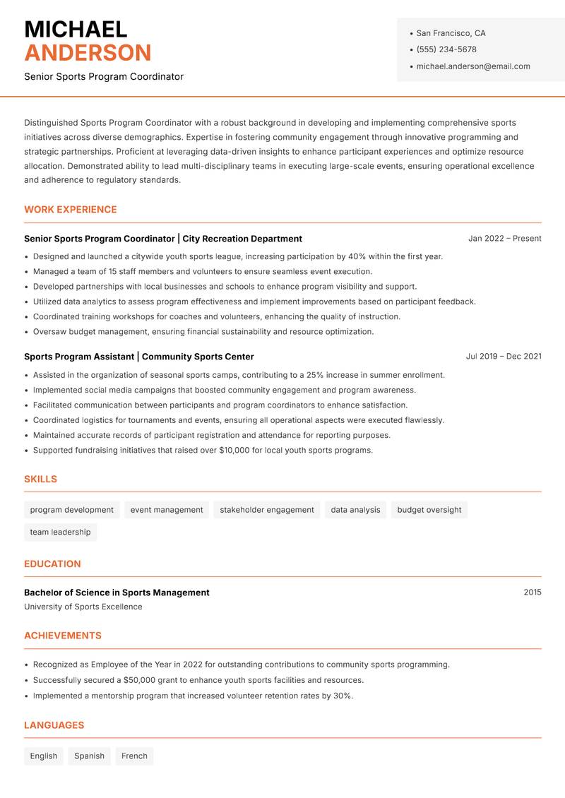 Sports Program Coordinator resume sample — Senior Sports Program Coordinator focus