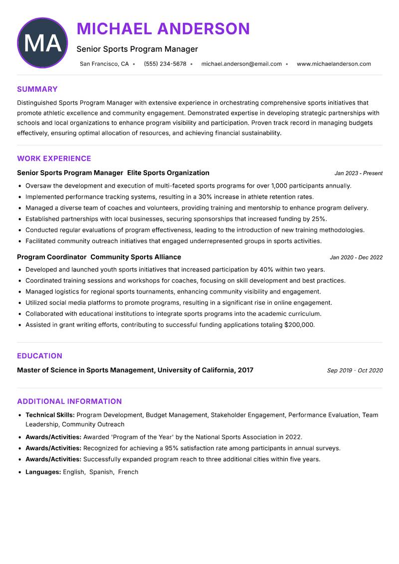 Sports Program Manager resume example