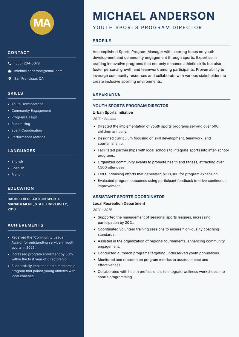 Sports Program Manager resume sample — Youth Sports Program Director focus