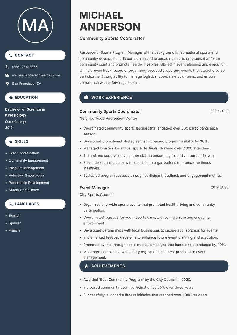 Sports Program Manager resume sample — Community Sports Coordinator focus