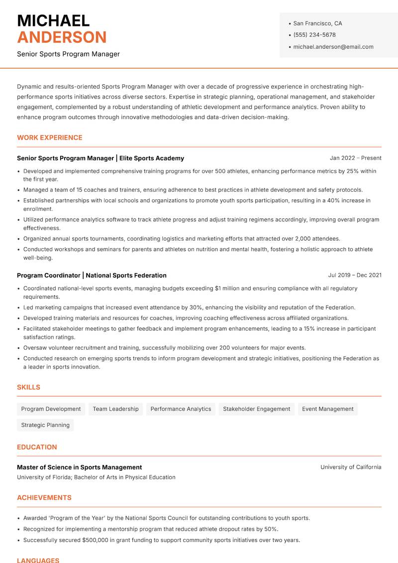 Sports Program Manager resume sample — Senior Sports Program Manager focus