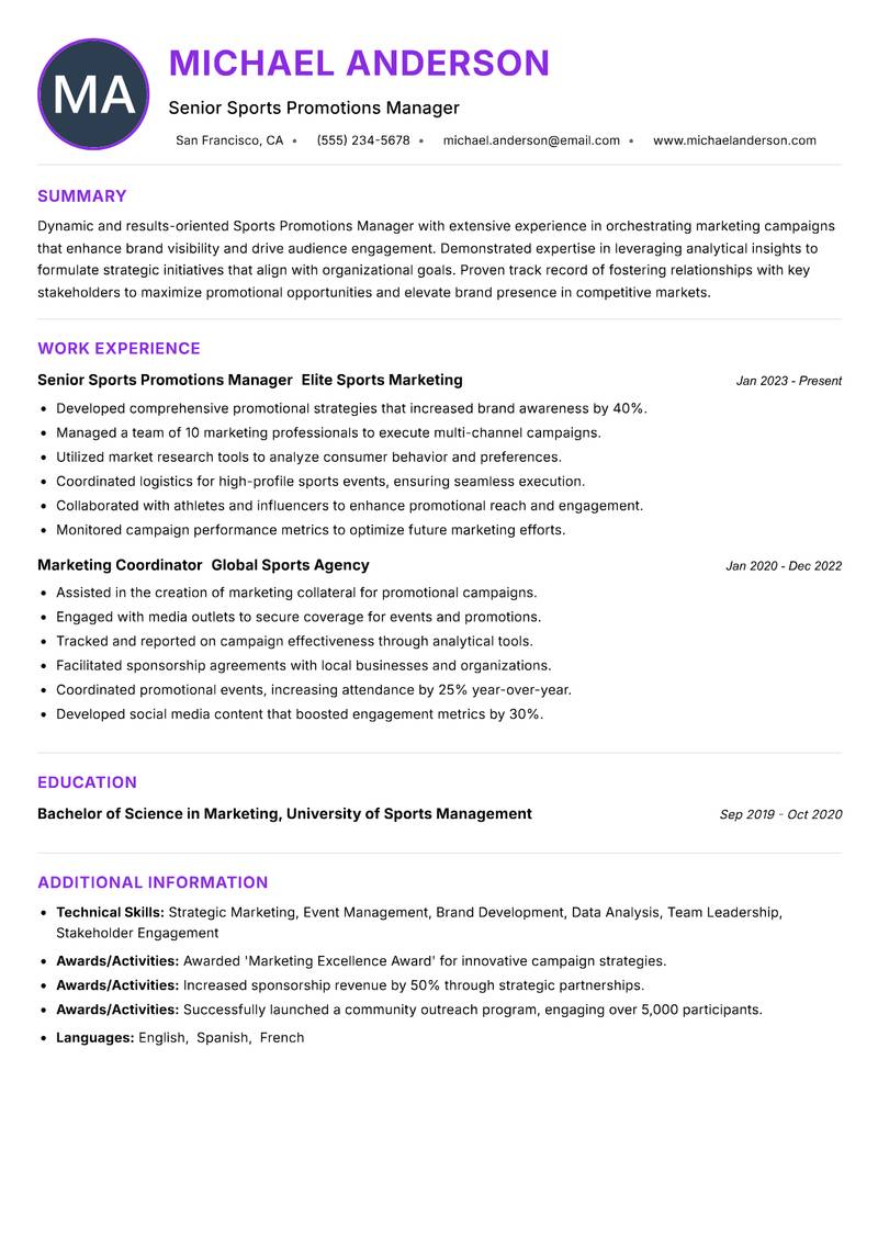 Sports Promotions Manager resume example