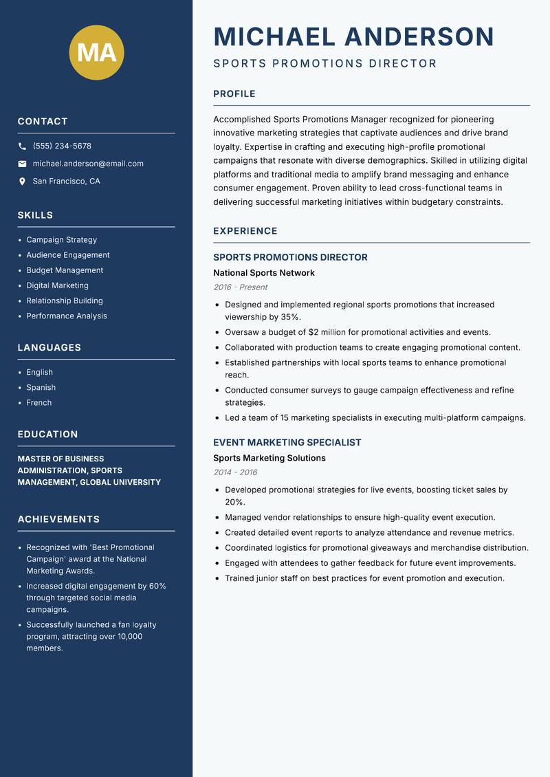 Sports Promotions Manager resume sample — Sports Promotions Director focus