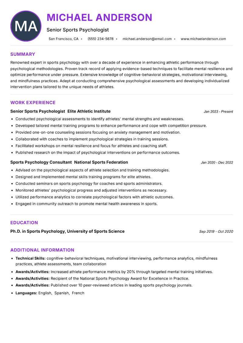 Sports Psychology Scientist resume example