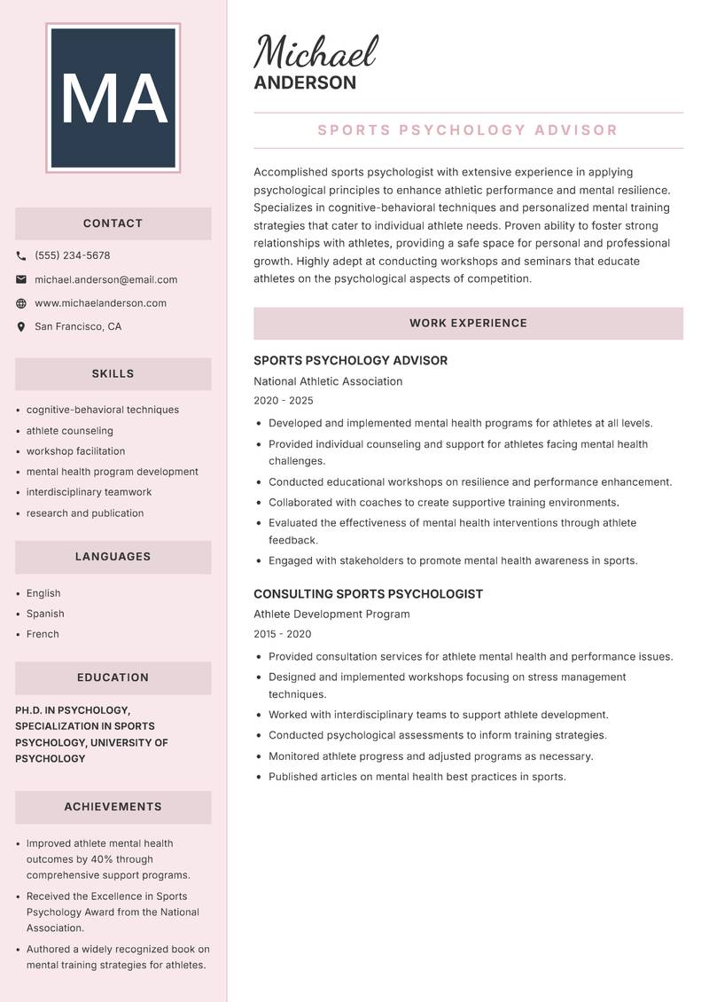 Sports Psychology Scientist resume sample — Sports Psychology Advisor focus