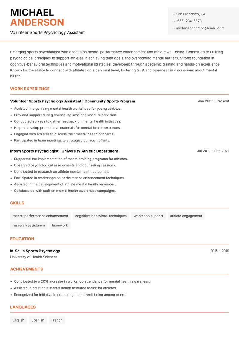 Sports Psychology Scientist resume sample — Volunteer Sports Psychology Assistant focus