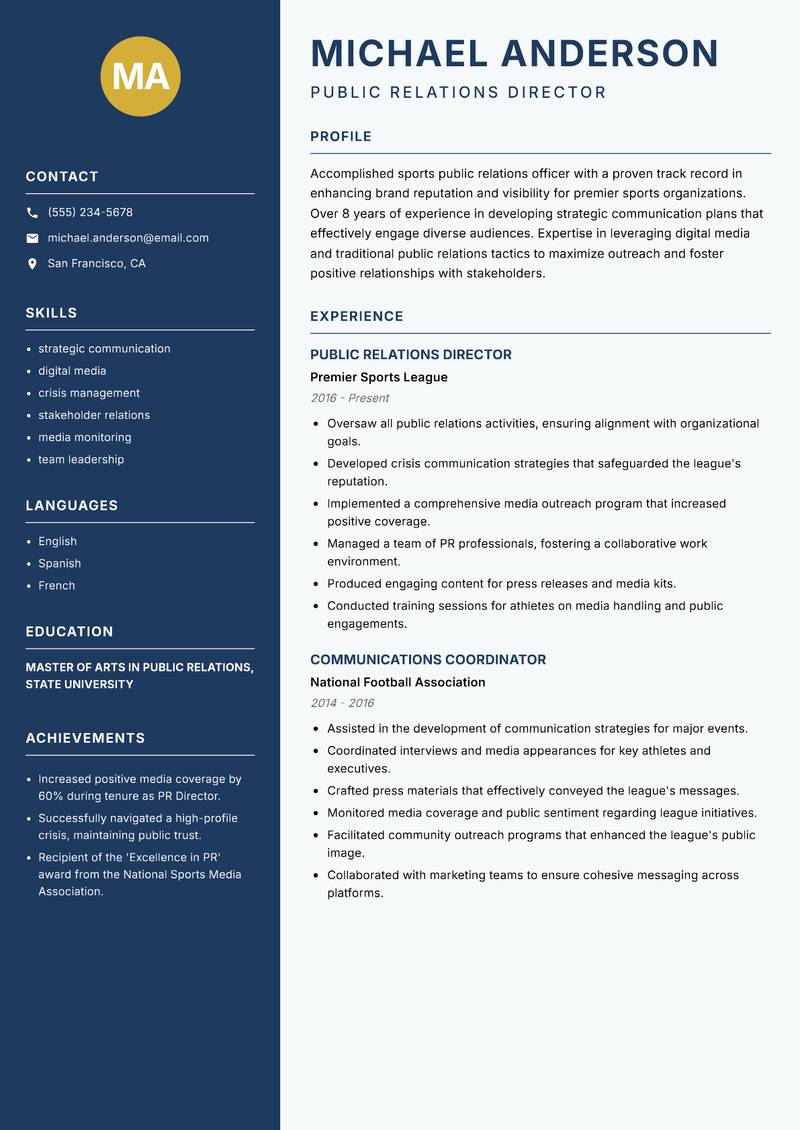 Sports Public Relations Officer resume sample — Public Relations Director focus