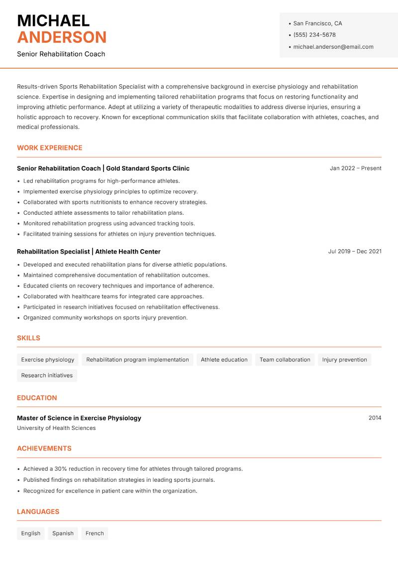 Sports Rehabilitation Specialist resume sample — Senior Rehabilitation Coach focus